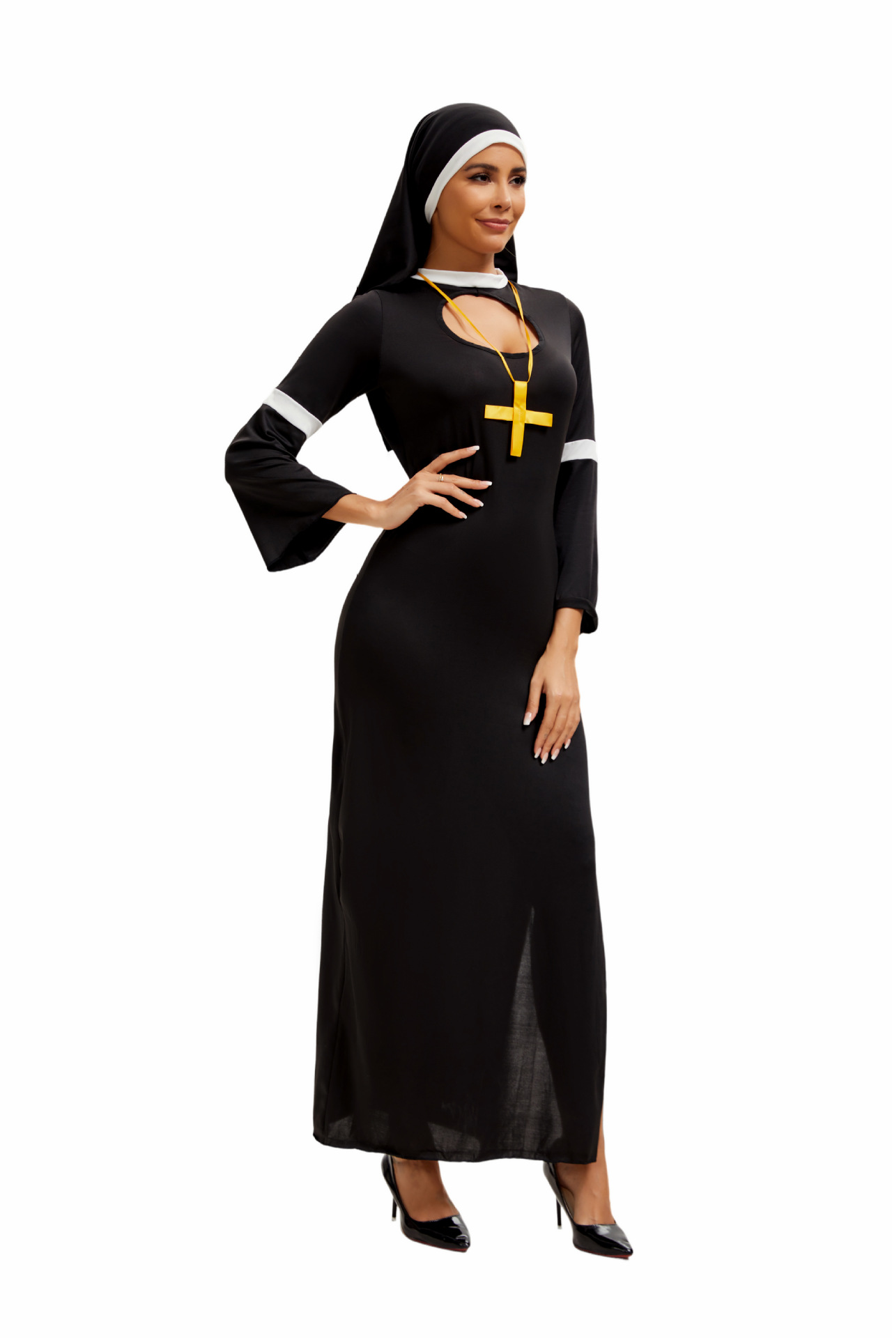 Sexy Cosplay Nun Costumes 3 Piece Sets Cutout Split Maxi Dresses